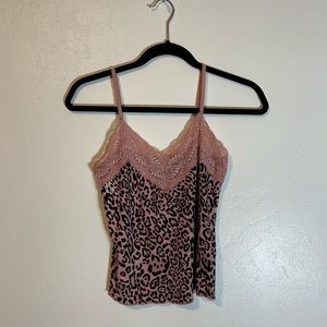 Pink leopard print lace trim camisole top